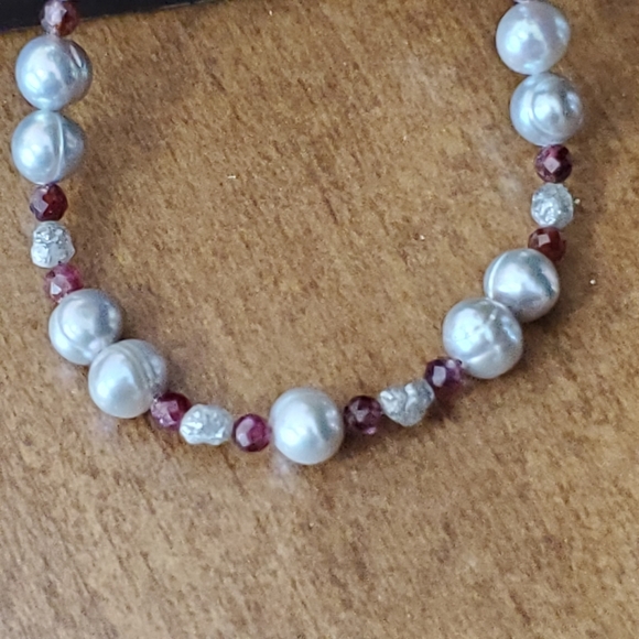Raw Diamond, Red Sapphire, and Pearl Sterling Bracelet - Picture 9 of 16
